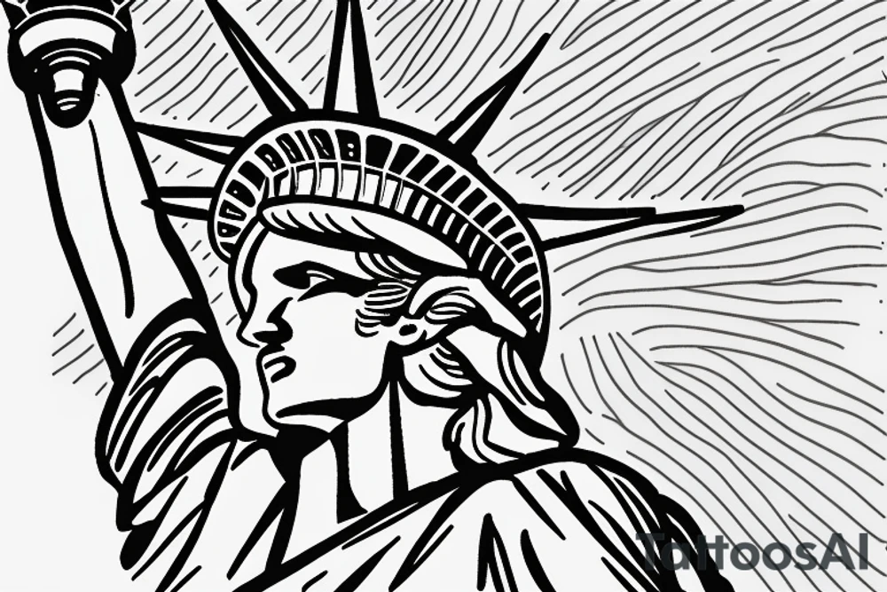 Statue of Liberty American flag in the background tattoo idea