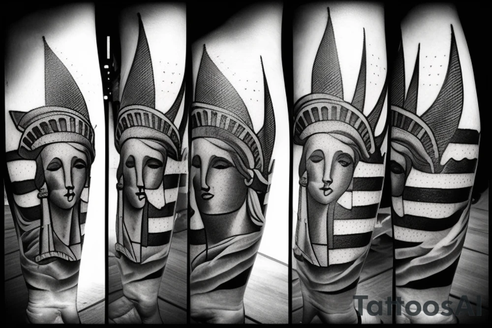 Statue of Liberty American flag in the background tattoo idea