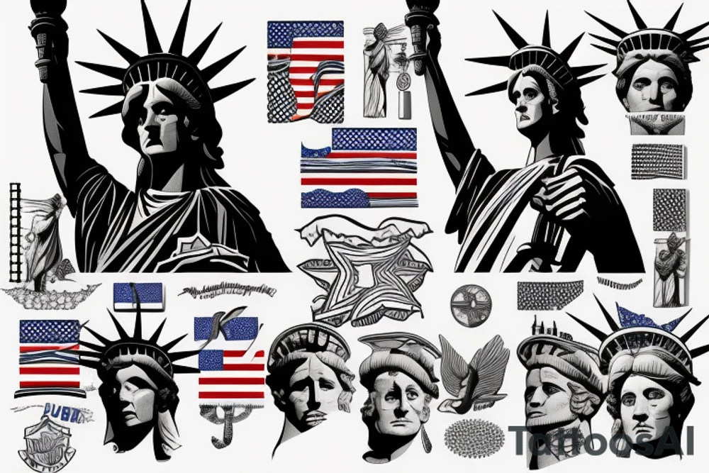 Statue of Liberty American flag in the background tattoo idea