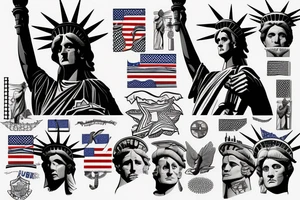 Statue of Liberty American flag in the background tattoo idea