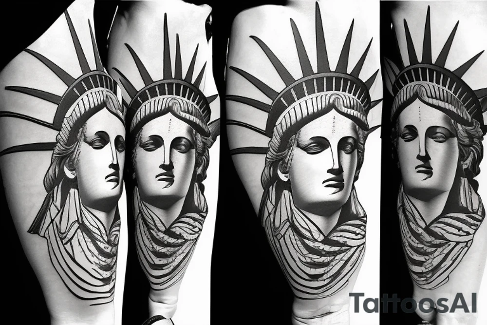 Statue of Liberty American flag in the background tattoo idea