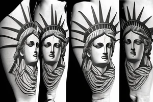 Statue of Liberty American flag in the background tattoo idea