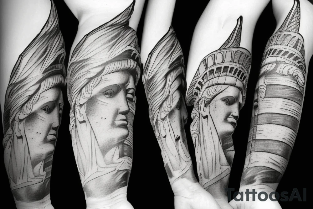Statue of Liberty American flag in the background tattoo idea
