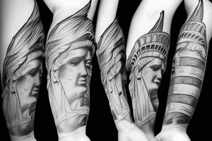 Statue of Liberty American flag in the background tattoo idea