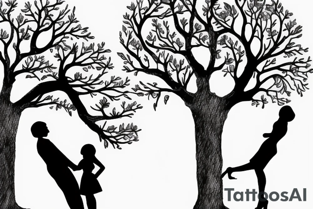 Big old tree couple holding hands woman is considerably shorter than man tattoo idea