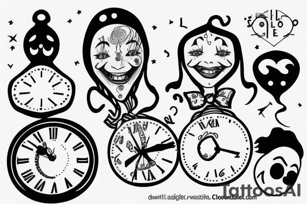 The theme of loneliness and sadness using the example of the sad clown and the clock tattoo idea