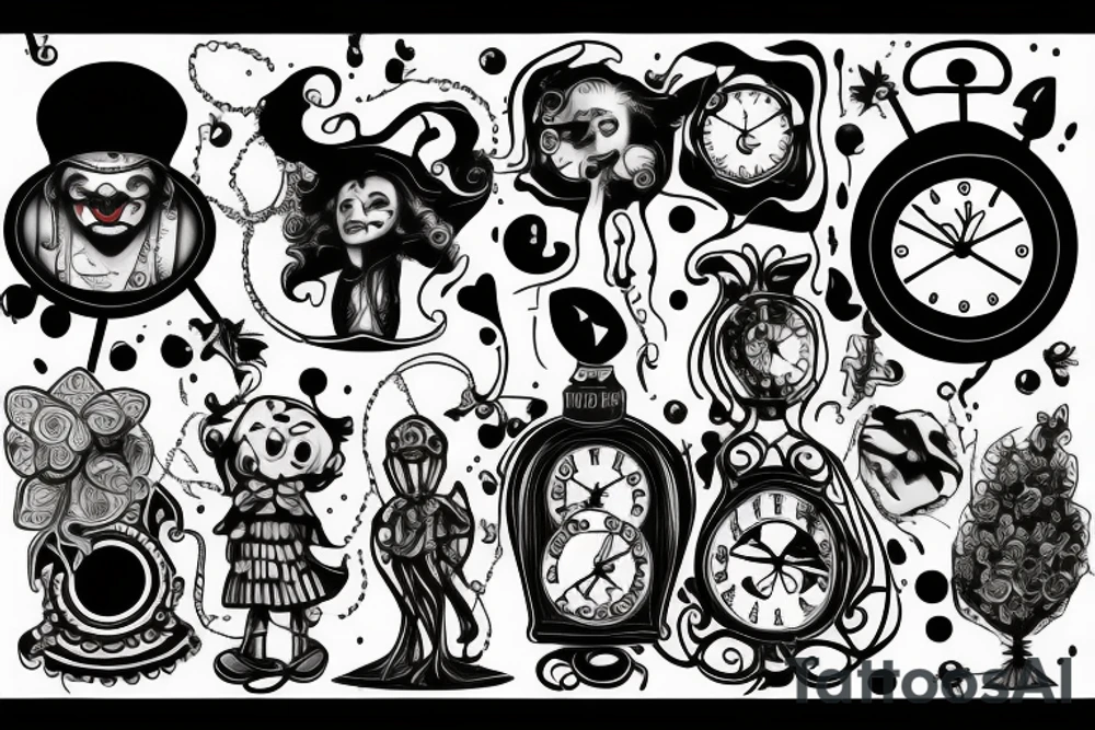 The theme of loneliness and sadness using the example of the sad clown and the clock tattoo idea