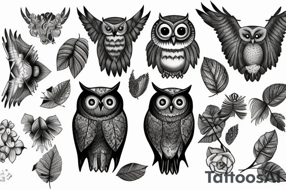 Owl with blue eyes in forest tattoo idea