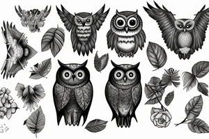 Owl with blue eyes in forest tattoo idea