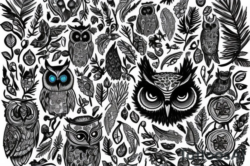 Owl with blue eyes in forest tattoo idea