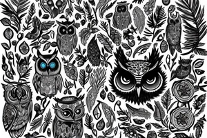 Owl with blue eyes in forest tattoo idea