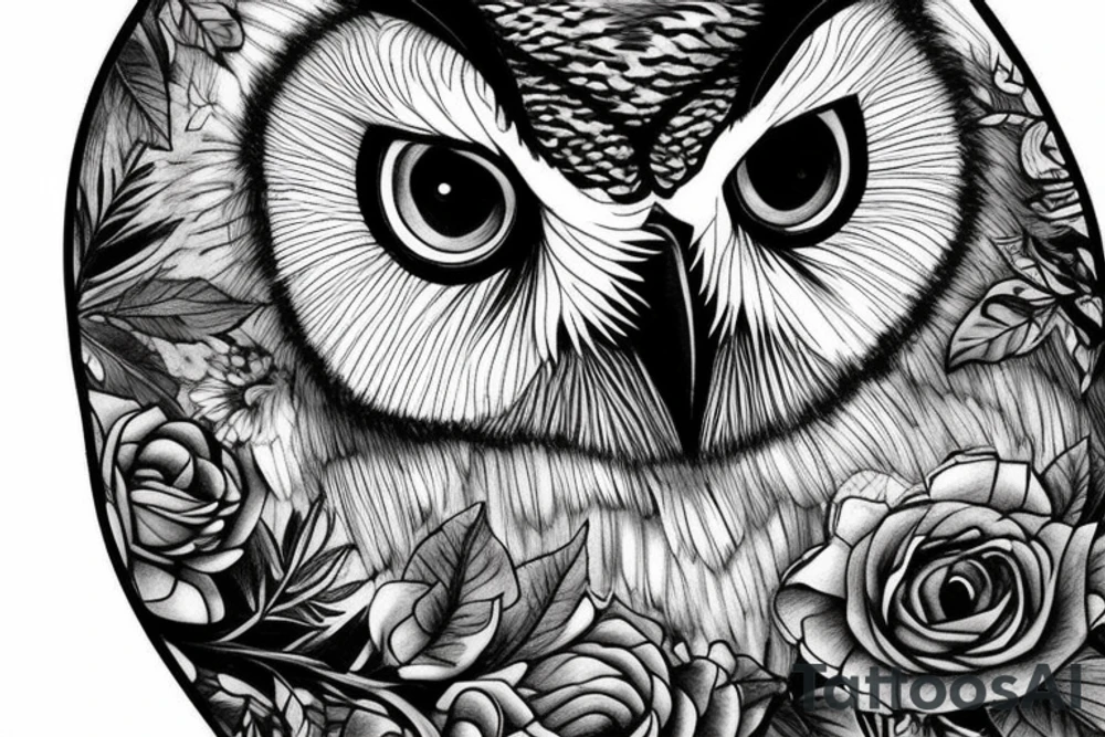 realistic Owl with blue eyes in forest tattoo idea