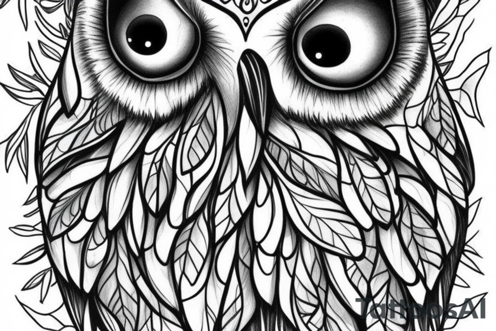 realistic Owl with blue eyes in forest tattoo idea