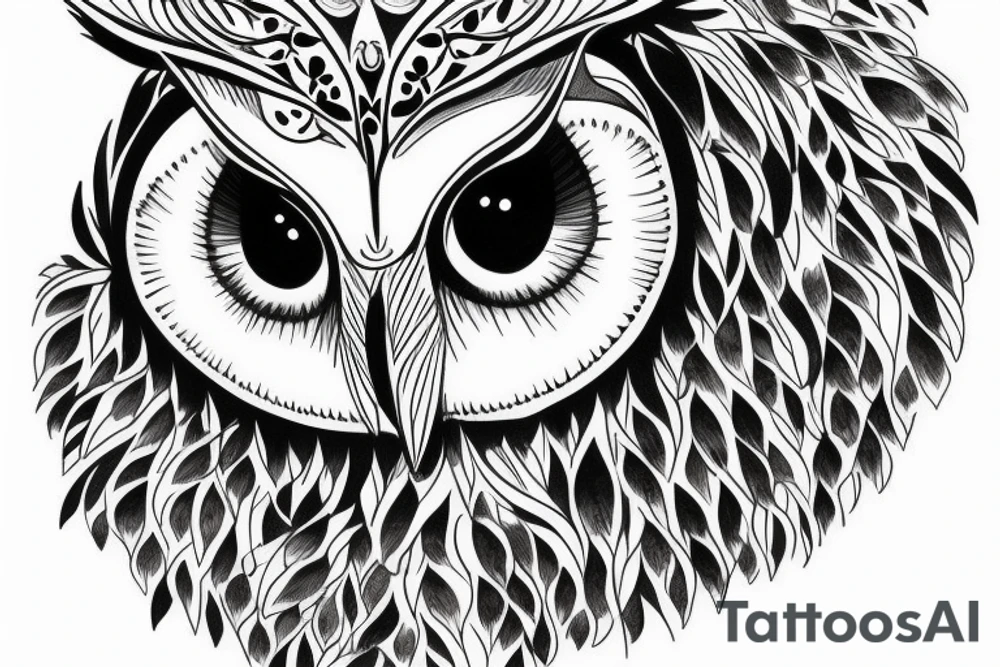 realistic Owl with blue eyes in forest tattoo idea