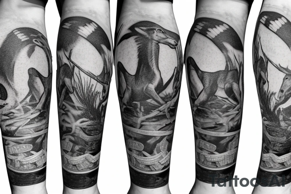 Leg sleeve hunting themed tattoo with elk, whitetail deer, archery hunter, snake, bald eagle and rolls of money. tattoo idea