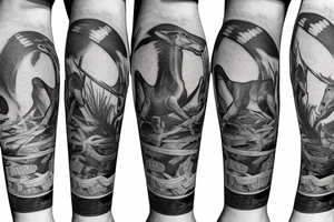 Leg sleeve hunting themed tattoo with elk, whitetail deer, archery hunter, snake, bald eagle and rolls of money. tattoo idea