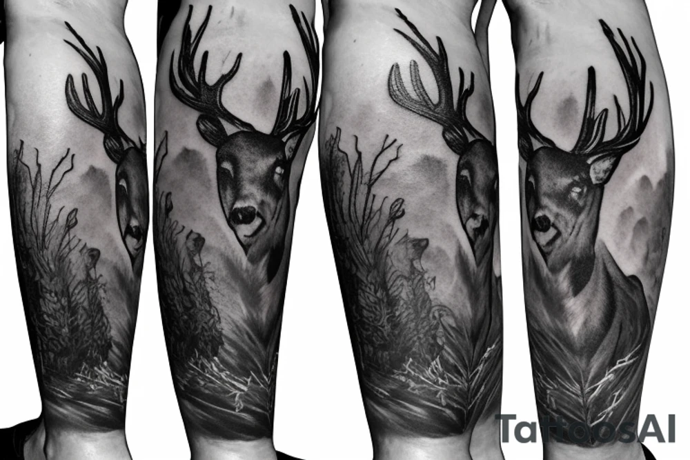 Leg sleeve hunting themed tattoo with elk, whitetail deer, archery hunter, snake, bald eagle and rolls of money. tattoo idea