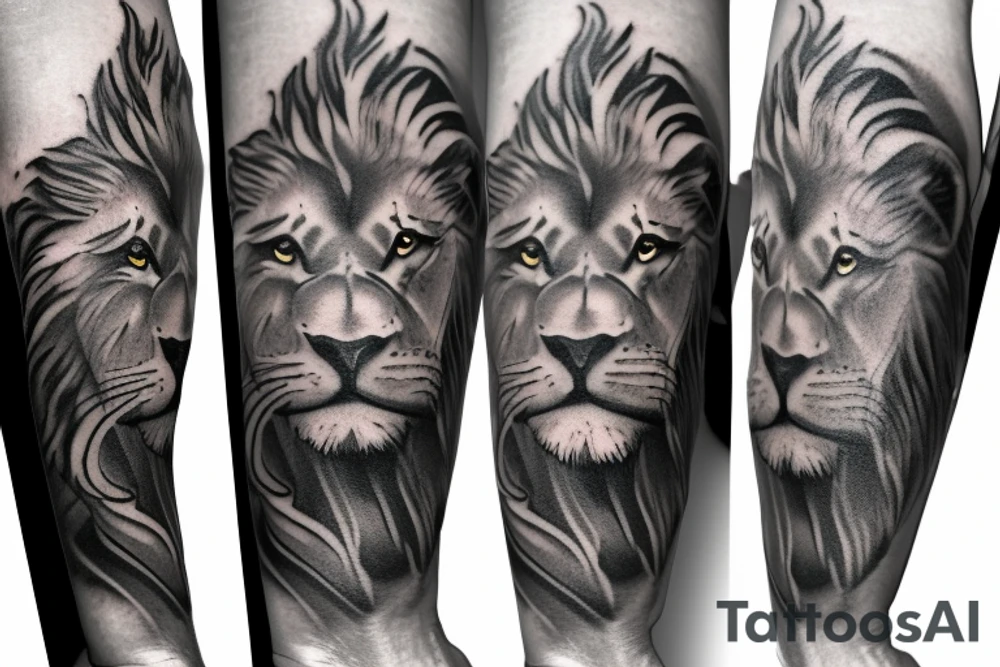 Grayscale Sleeve tattoo that includes a perefct cribbage hand, a lion and a pocket watch pointing to 1 and 3 tattoo idea