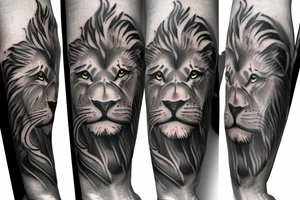 Grayscale Sleeve tattoo that includes a perefct cribbage hand, a lion and a pocket watch pointing to 1 and 3 tattoo idea