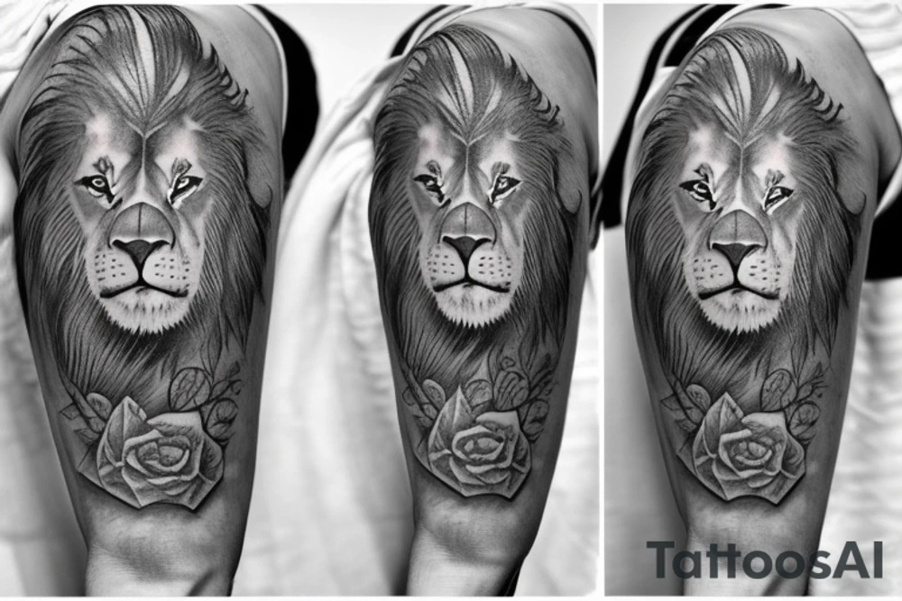 Grayscale Sleeve tattoo that includes a perefct cribbage hand, a lion and a pocket watch pointing to 1 and 3 tattoo idea