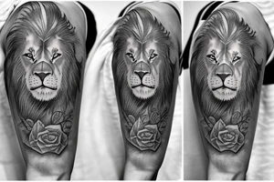 Grayscale Sleeve tattoo that includes a perefct cribbage hand, a lion and a pocket watch pointing to 1 and 3 tattoo idea