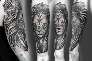 Grayscale Sleeve tattoo that includes a perefct cribbage hand, a lion and a pocket watch pointing to 1 and 3 tattoo idea