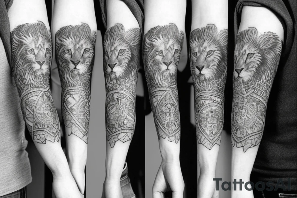 Grayscale Sleeve tattoo that includes a perefct cribbage hand, a lion and a pocket watch pointing to 1 and 3 tattoo idea