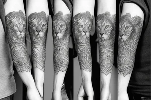 Grayscale Sleeve tattoo that includes a perefct cribbage hand, a lion and a pocket watch pointing to 1 and 3 tattoo idea