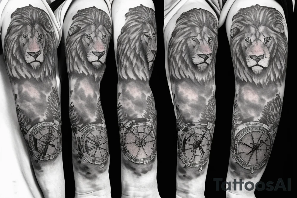 Grayscale Sleeve tattoo that includes a perefct cribbage hand, a lion and a pocket watch pointing to 1 and 3 tattoo idea