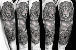 Grayscale Sleeve tattoo that includes a perefct cribbage hand, a lion and a pocket watch pointing to 1 and 3 tattoo idea