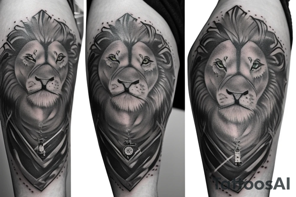 Grayscale Sleeve tattoo that includes a perefct cribbage hand, a lion and a pocket watch pointing to 1 and 3 tattoo idea