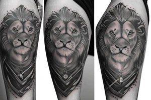 Grayscale Sleeve tattoo that includes a perefct cribbage hand, a lion and a pocket watch pointing to 1 and 3 tattoo idea