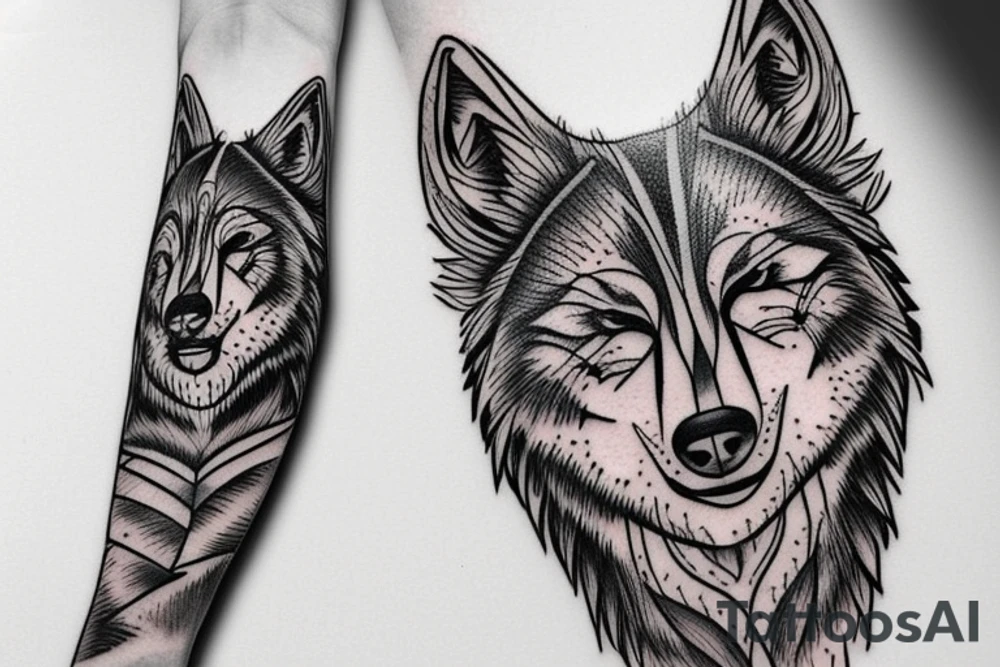 linear wolf with realistic posture tattoo idea