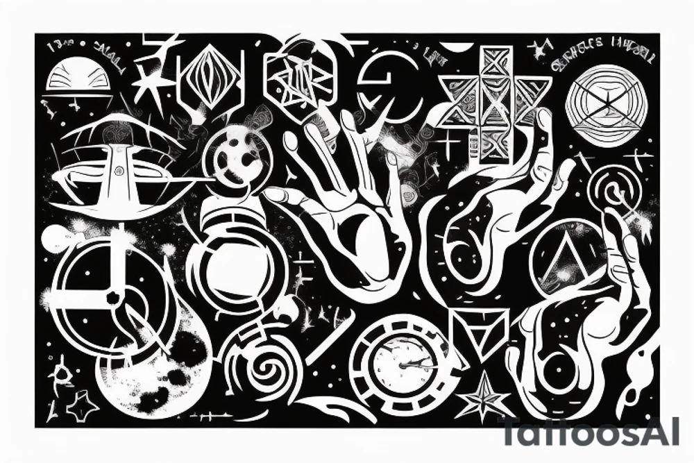 Hand design including elements from space, time, dimensions and hope tattoo idea Hand design including elements from space, time, dimensions and hope tattoo idea