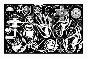 Hand design including elements from space, time, dimensions and hope tattoo idea