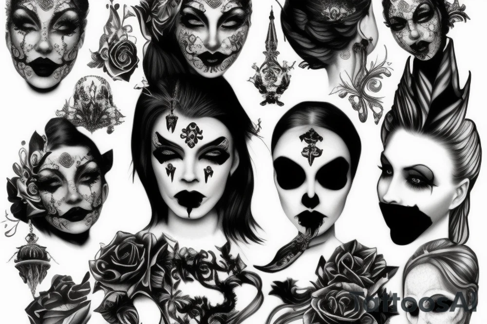 gothic ornaments, darkness, womans face tattoo idea