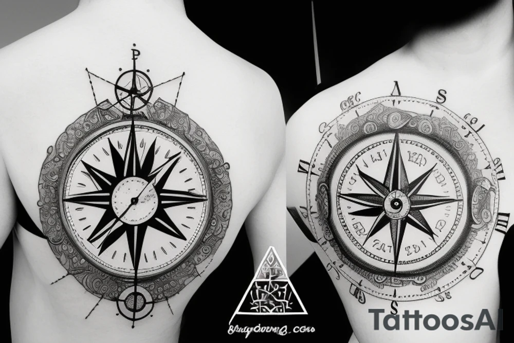 A clock combined woth a compass tattoo idea