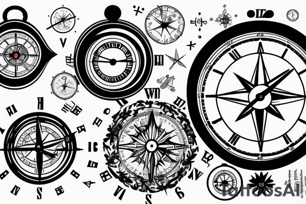 A clock combined woth a compass tattoo idea