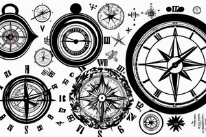 A clock combined woth a compass tattoo idea
