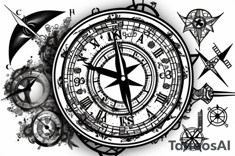 A clock combined with
 a compass tattoo idea