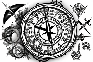 A clock combined with
 a compass tattoo idea