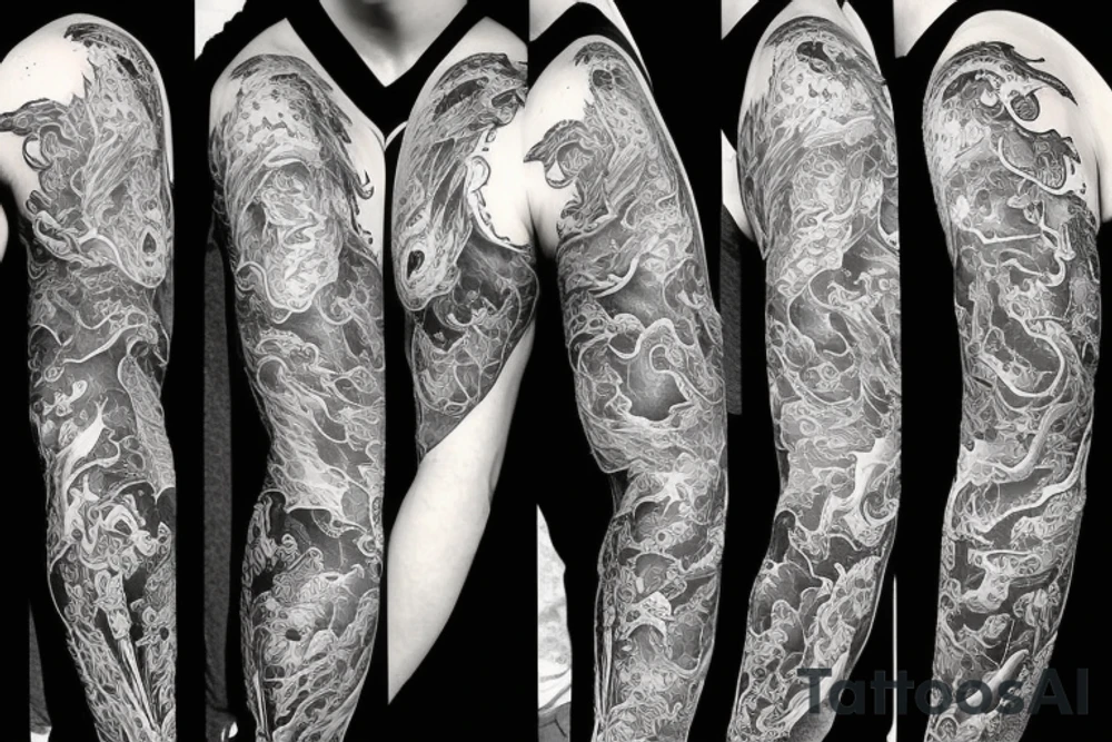 western dragon spitting fire sleeve tattoo idea