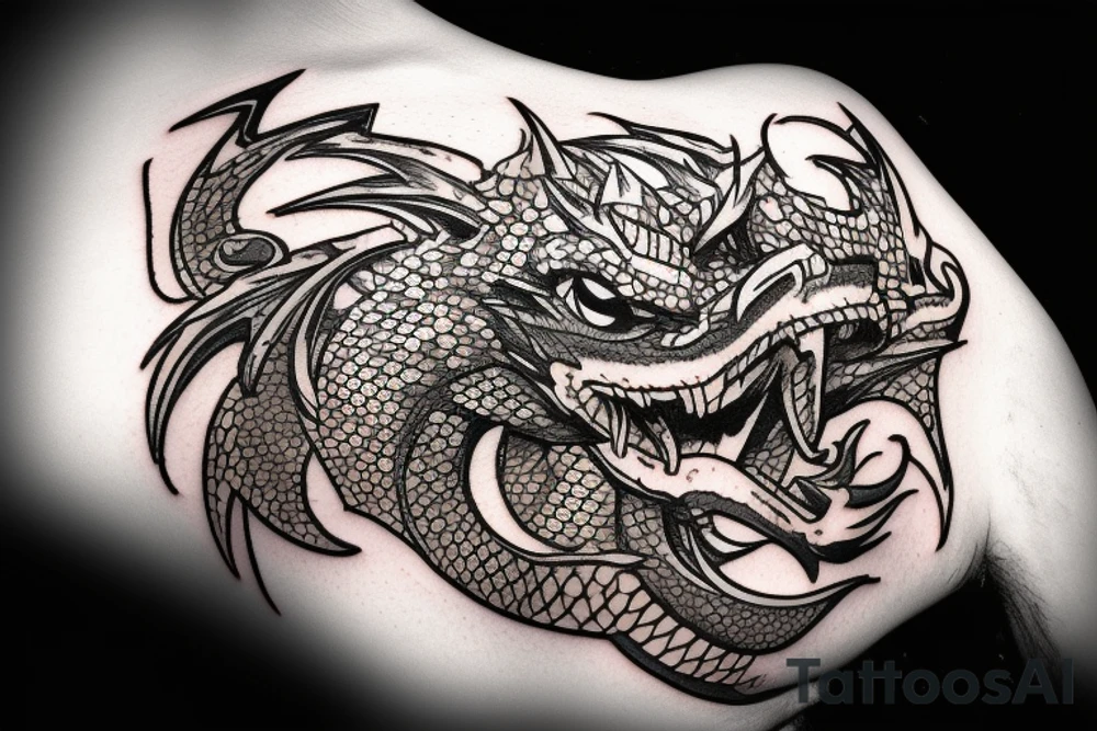 hextech dragon's head guarding a treasure tattoo idea