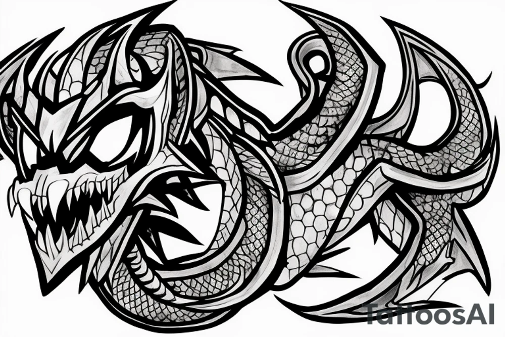 hextech dragon's head guarding a treasure half sleeve tattoo idea