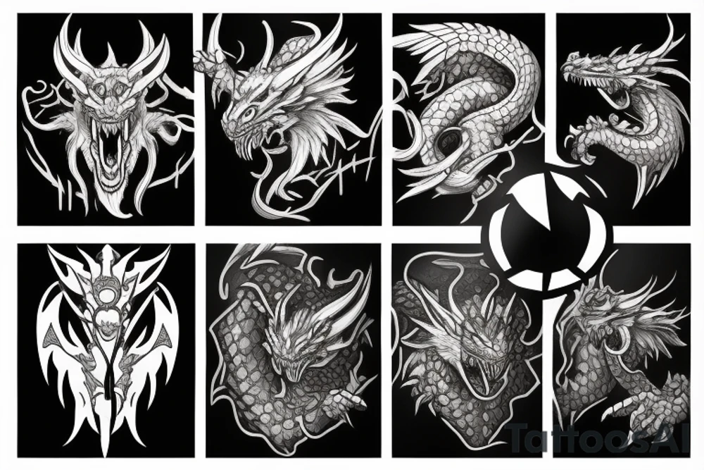 hextech dragon's head guarding a treasure half sleeve tattoo idea