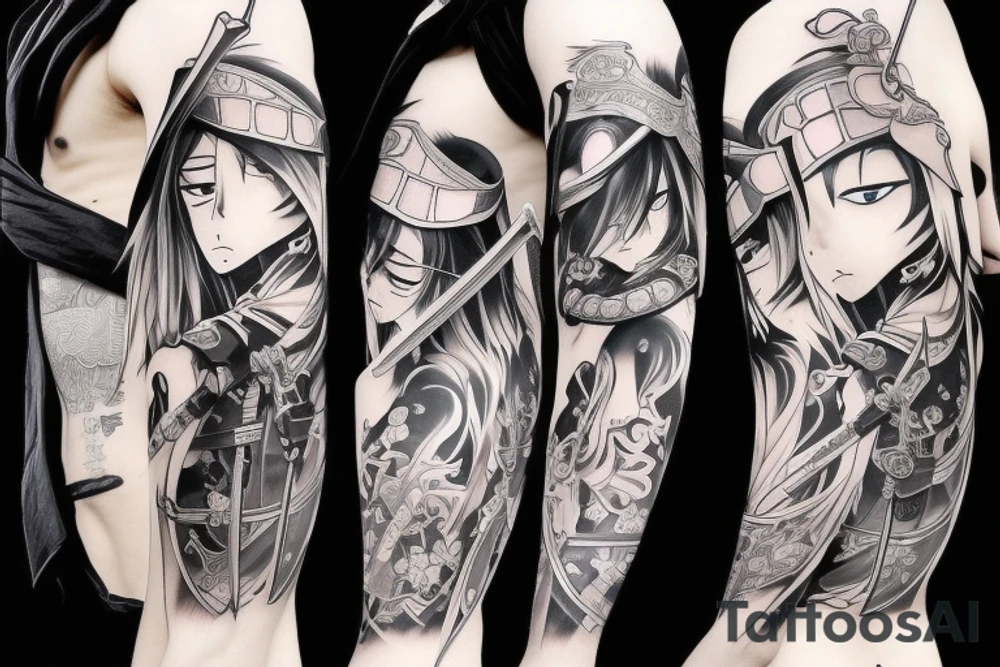 Anime character samurai with sword cape and hat tattoo idea