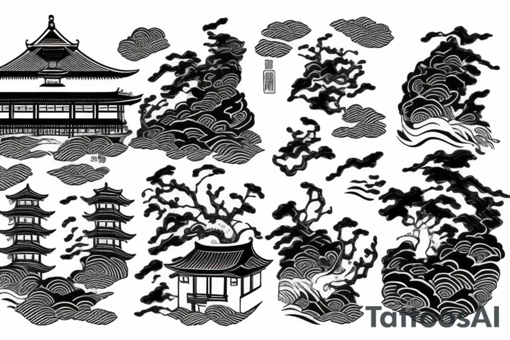 Asian house on the boat on the river tattoo idea