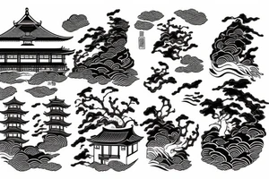 Asian house on the boat on the river tattoo idea