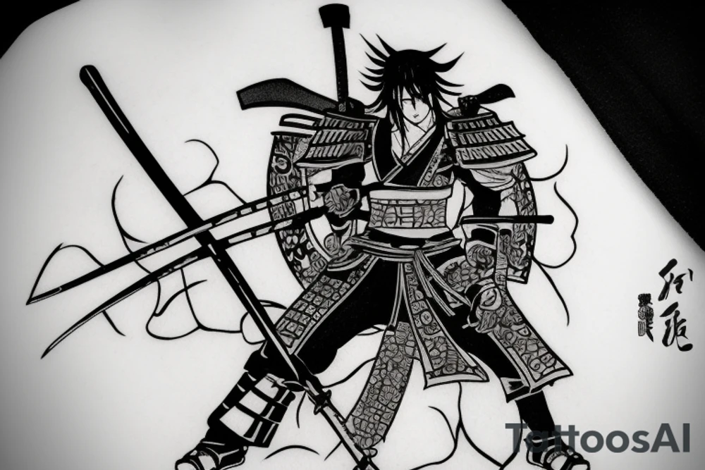 Anime character samurai with sword cape and hat tattoo idea