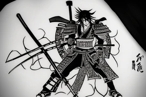 Anime character samurai with sword cape and hat tattoo idea